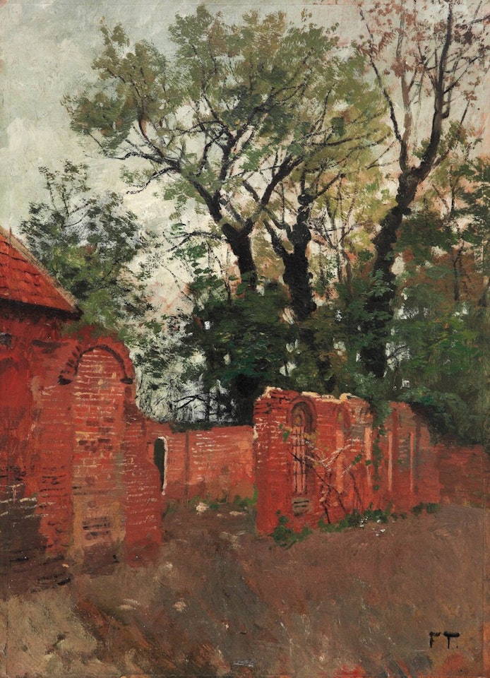Rød mur og trær Fra omegnen av Amiens by Fritz Thaulow