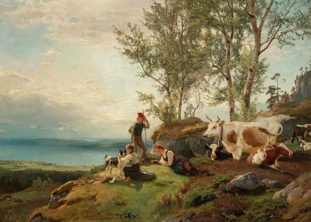Herdsmen on a hilltop by Anders Monsen Askevold