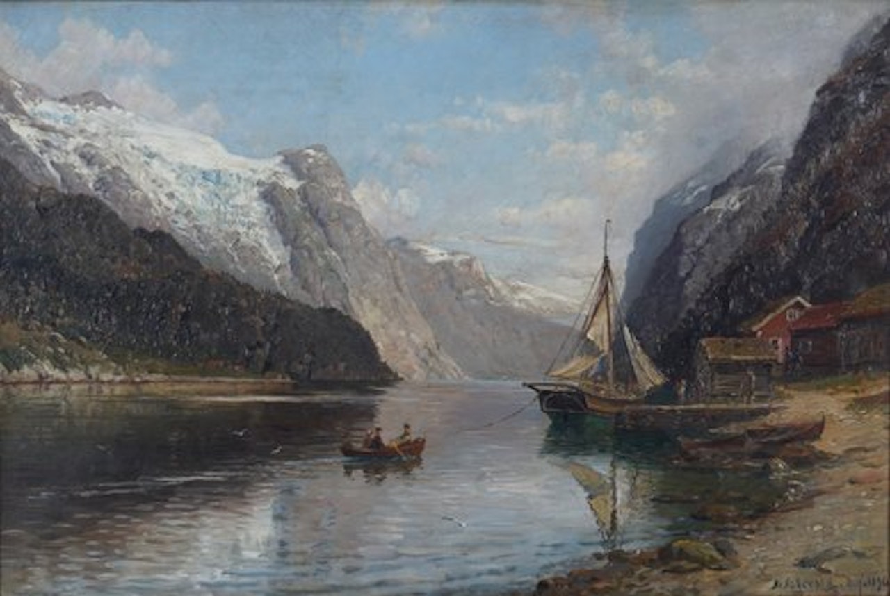 Fjordlandskap med folkeliv by Anders Monsen Askevold