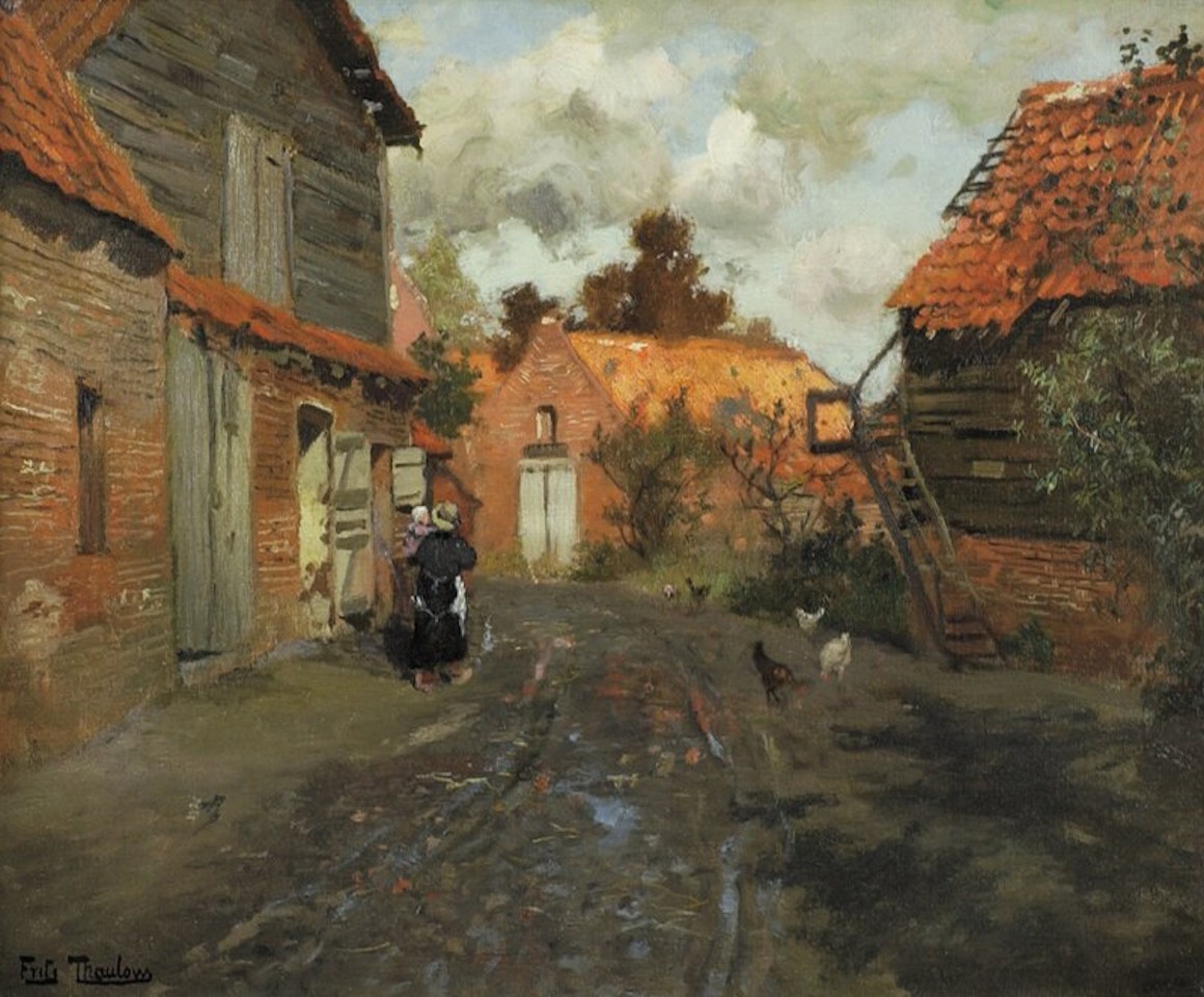Kone med barn på armen i landsbygate by Fritz Thaulow