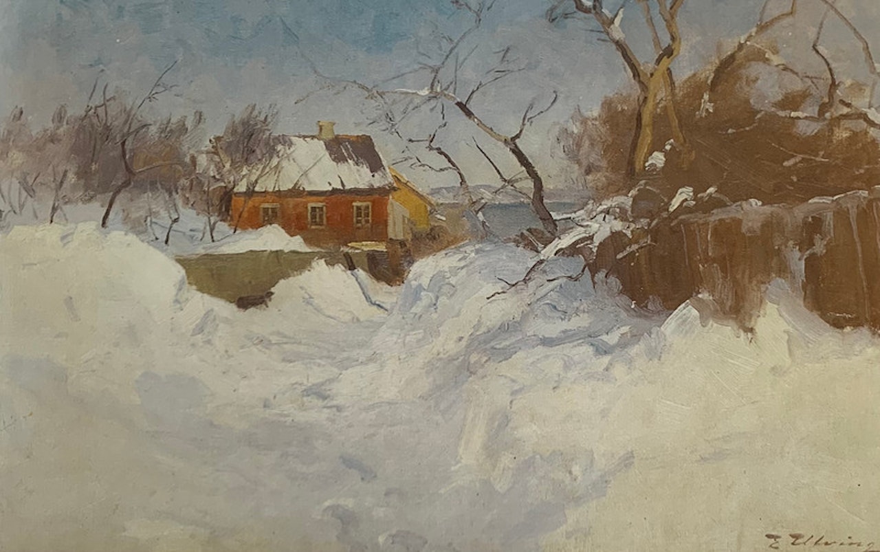 Hus i vinterlandskap by Even Ulving