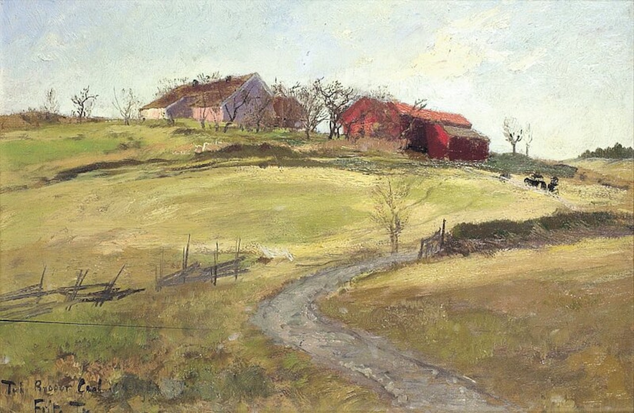 Norsk landskap med bondegård by Fritz Thaulow