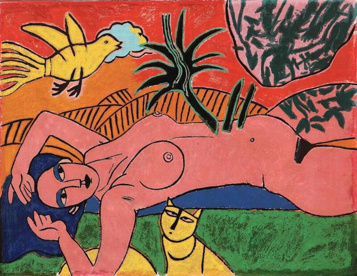 Composition with woman, bird and cat by Corneille