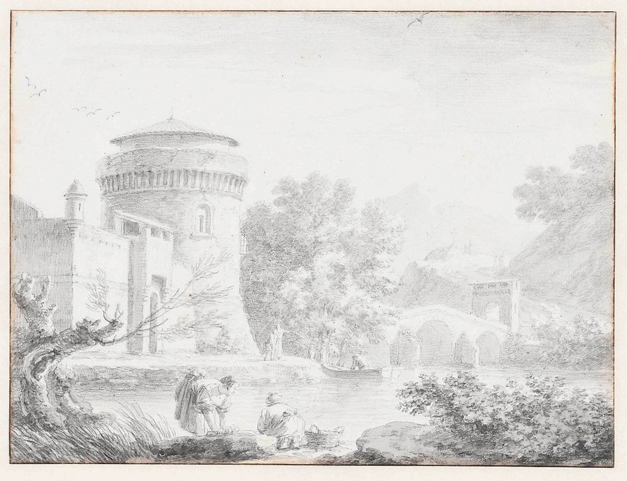 Paysage d?Italie, lavandiŠres … la riviŠre by Claude Joseph Vernet