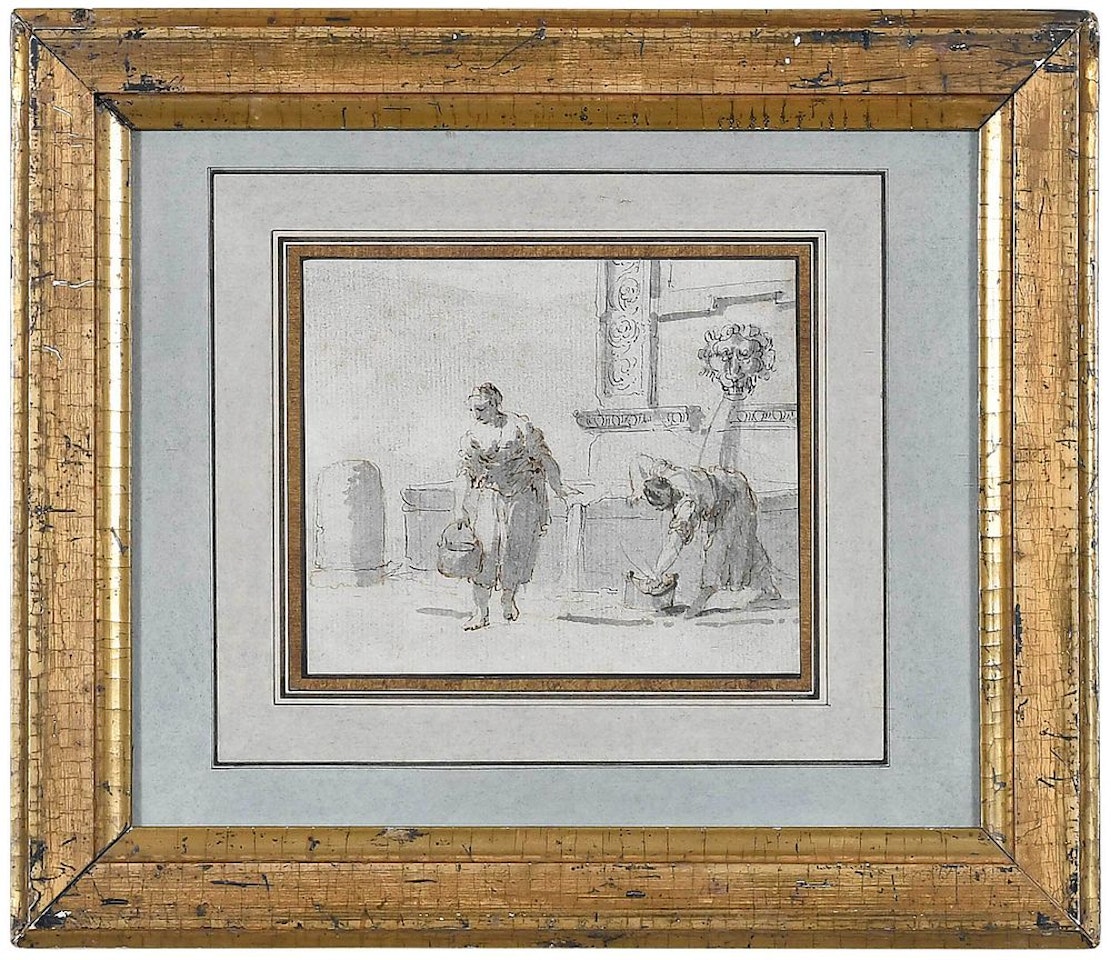 Deux lavandiŠres devant une Fontaine en Italie by Claude Joseph Vernet