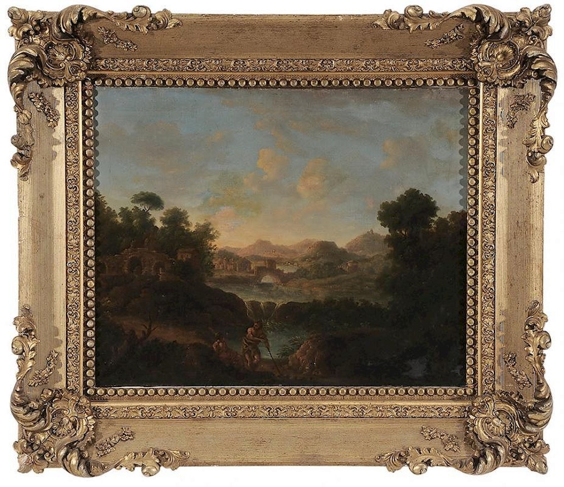 Italianate Landscape, with figures by a cascade by Italian School