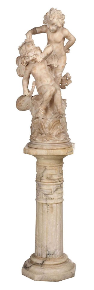 Alabaster Sculpture, Pedestal; Cupid and Psyche Frolicking by Italian School