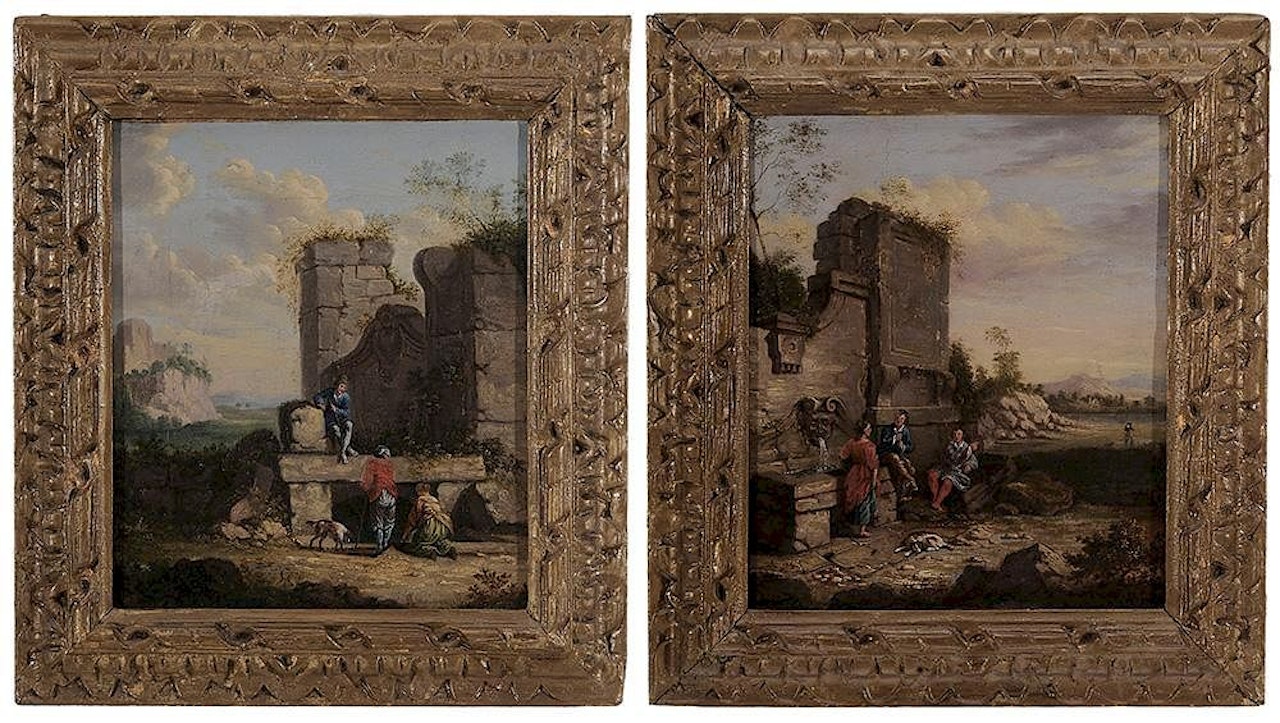 A pair of landscapes: Figures Resting By a Ruins; Figures Resting by a Fountain by Italian School