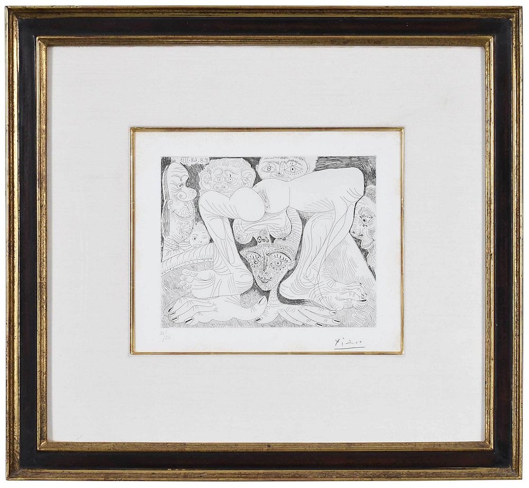 Femme acrobate au maquillage paillet‚ et spectateurs by Pablo Picasso