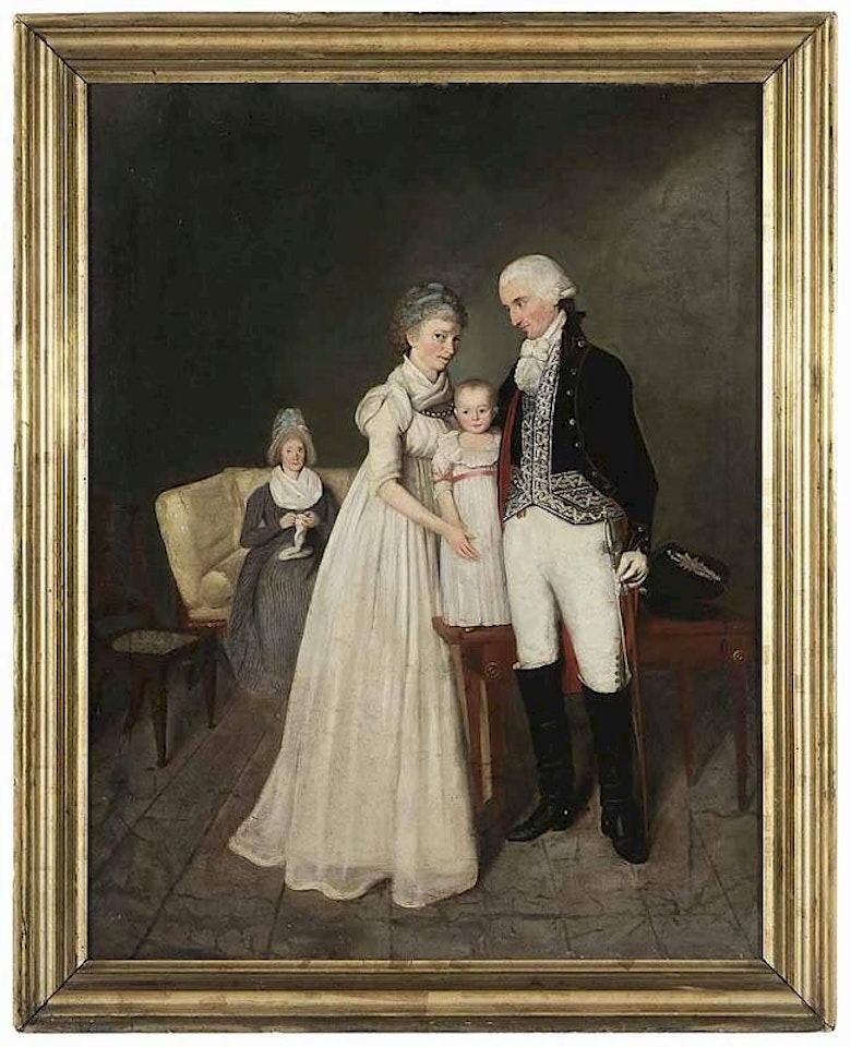 Family Portrait with an Officer, his Wife and Child, with a Matron seated on a sofa sewing by German School