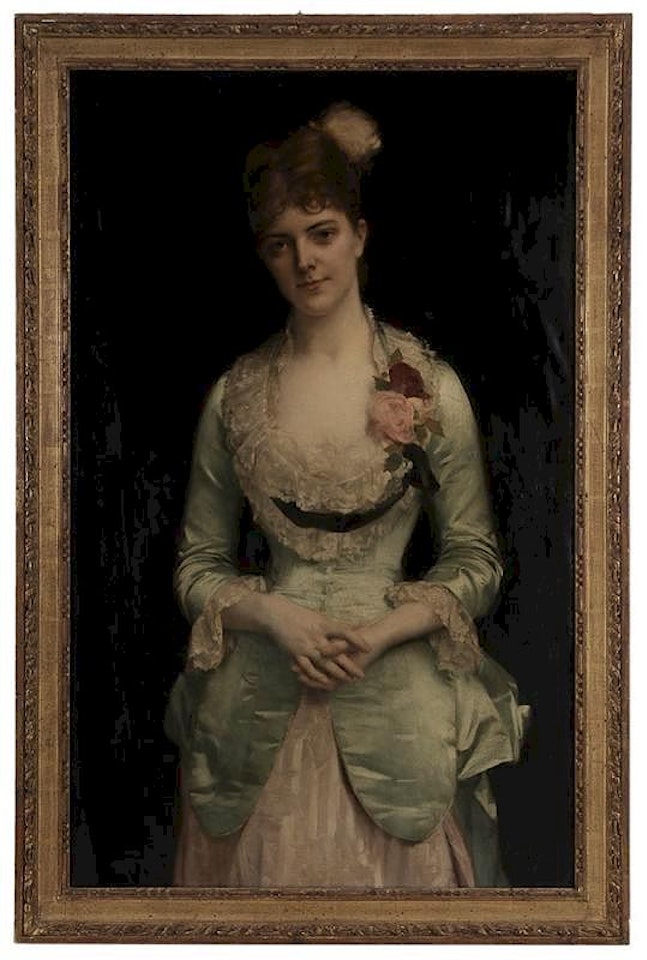 Portrait of Miss Matthews, in Green Silk Satin and Lace Gown by Alexandre Cabanel