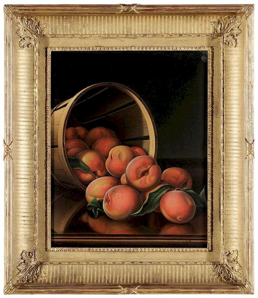 Table Top Still Life with Basket of Peaches by Levi Wells Prentice