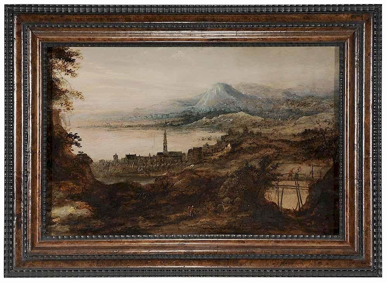 View of a Town with Cathedral, figures crossing a bridge, standing in a field by Flemish School