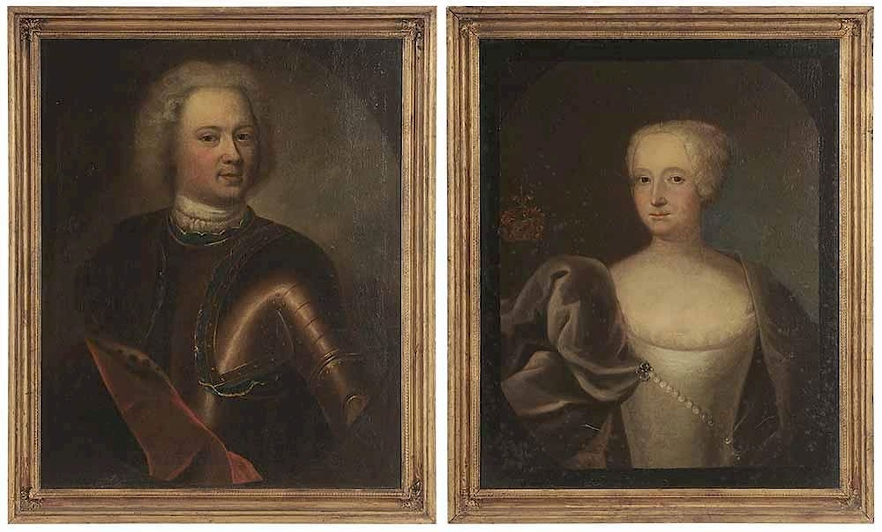 A pair of portraits: A Nobleman in Armor, A lady with Coat of Arms by Continental School