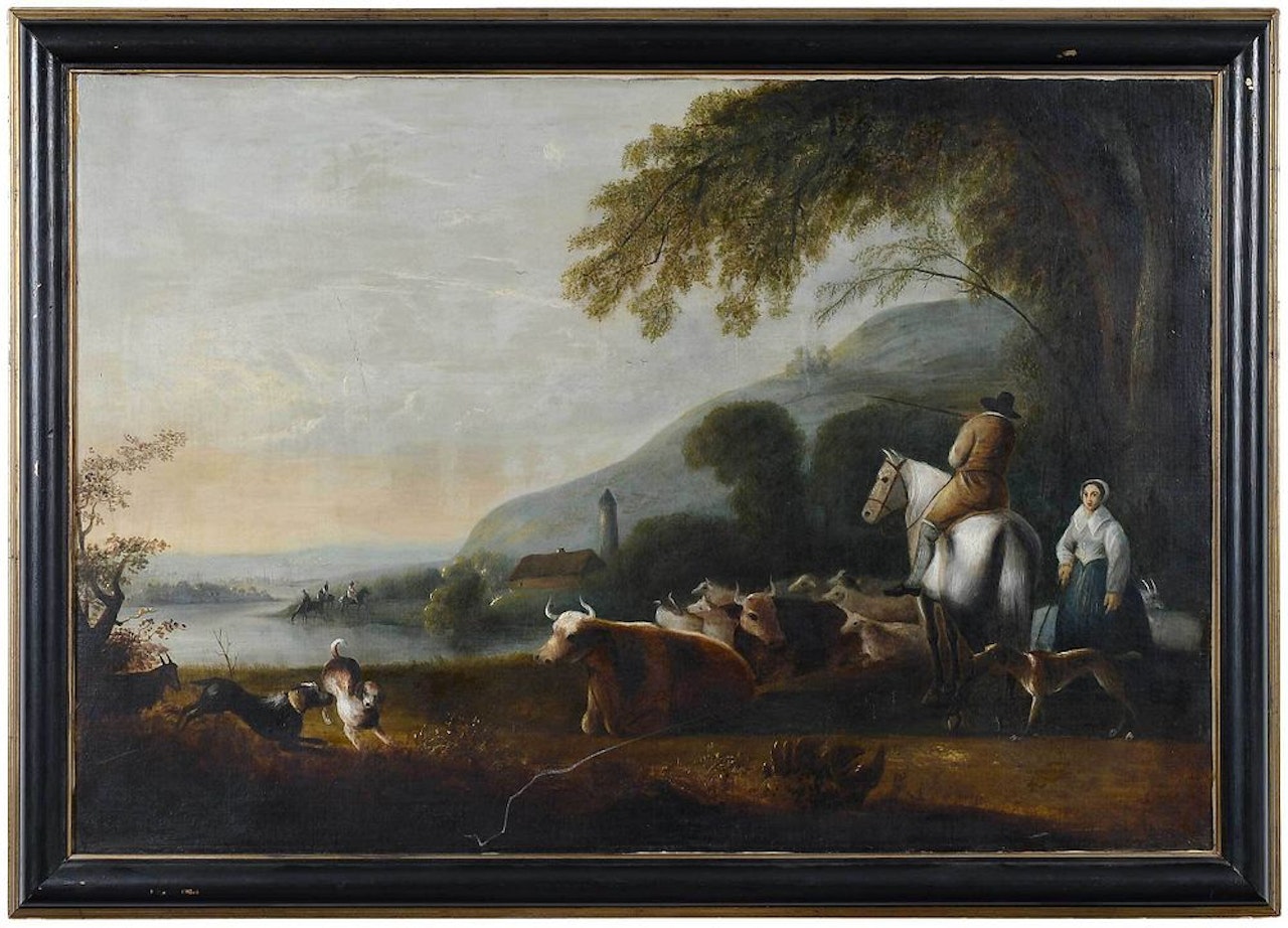 Shepherd on horseback with herd and dogs by a river by Continental School