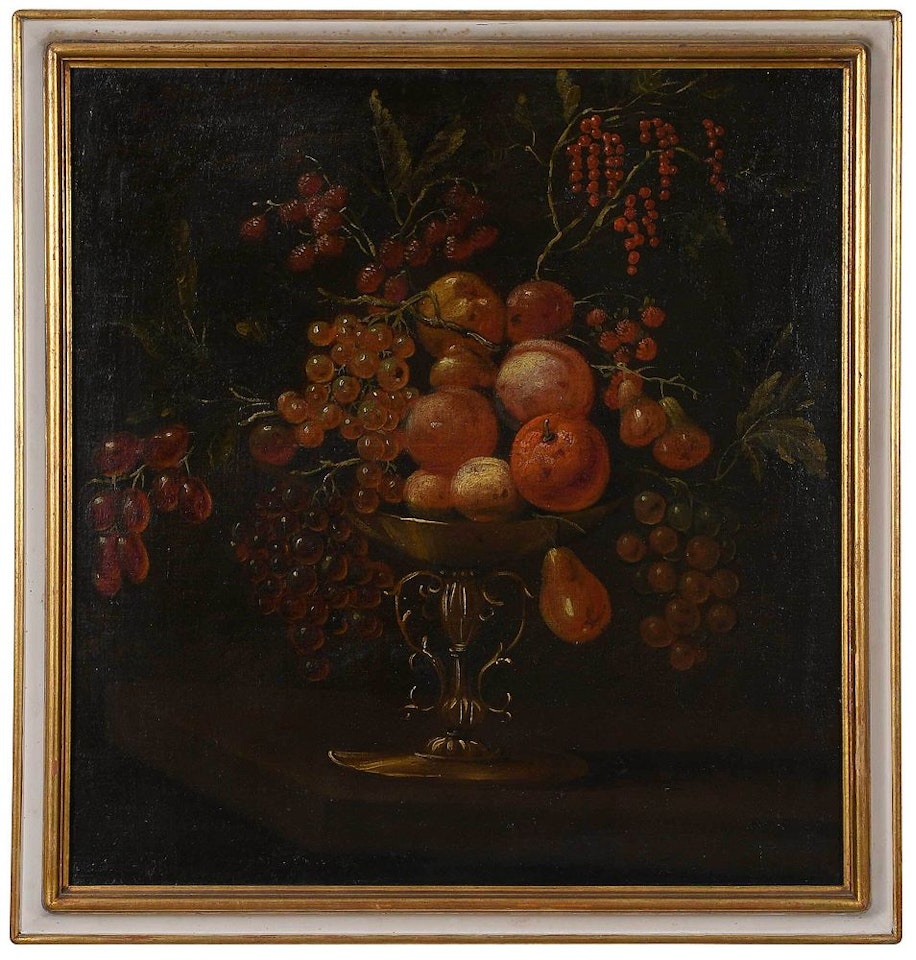 Still Life Painting; Persimmon, Pears, Raspberries, Currants and Grapes in a Gilt Center Bowl by Italian School