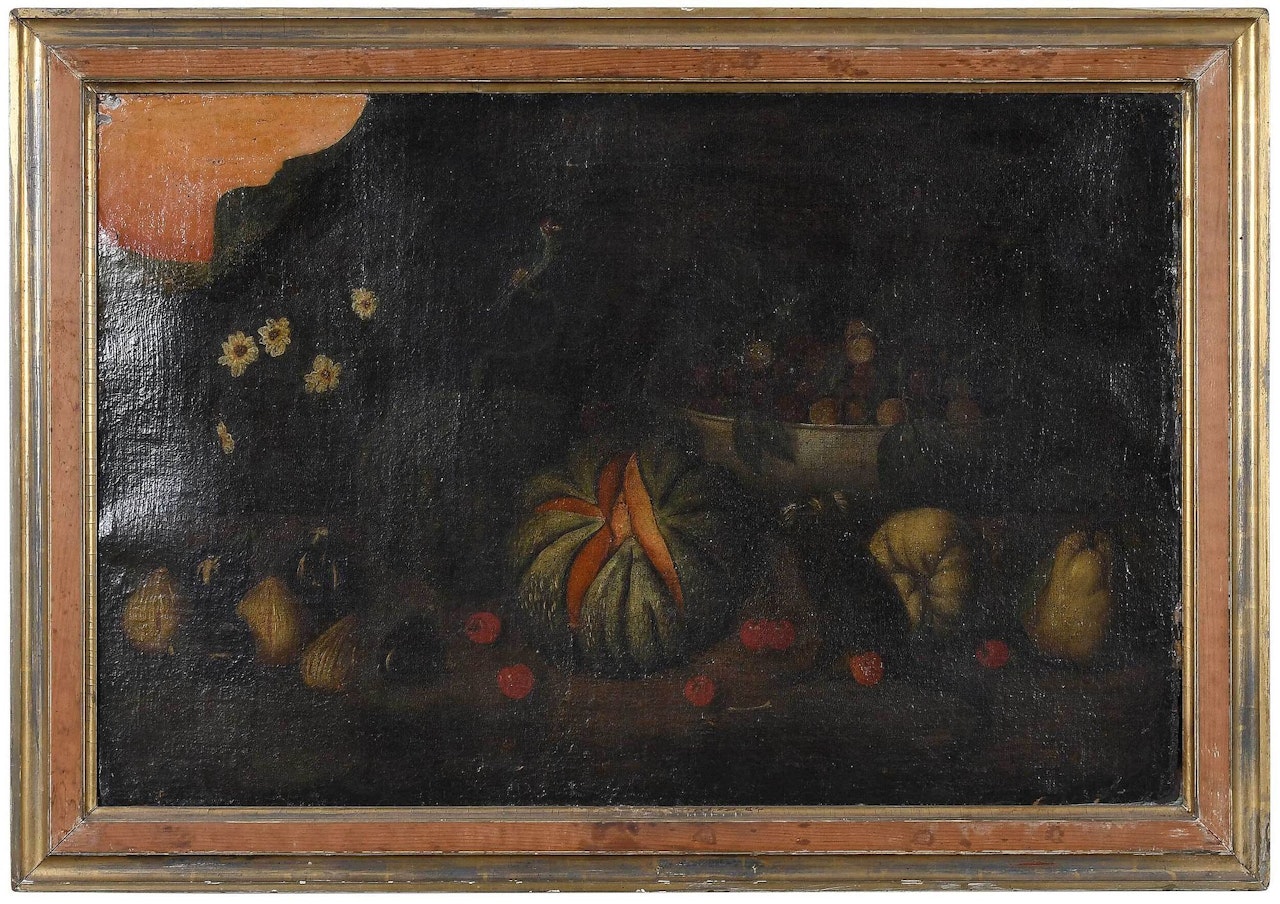 Still Life Painting; A Cut Melon, Figs, Cherries, and Pears in a Landscape by Italian School