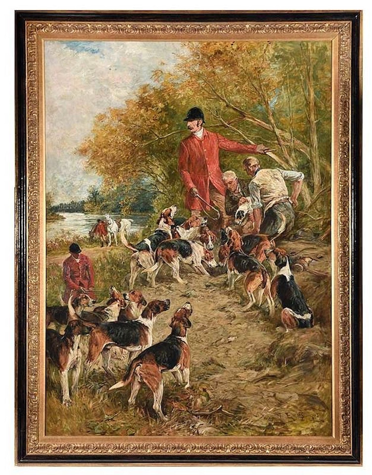 Huntsmen and Hunt Staff at Earth with Hounds and a Terrier by John Emms