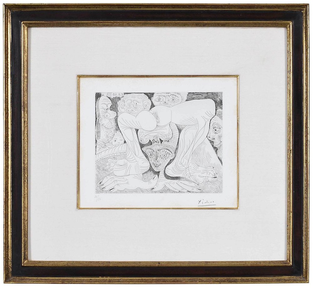 Femme acrobate au maquillage pailleté et spectateurs by Pablo Picasso