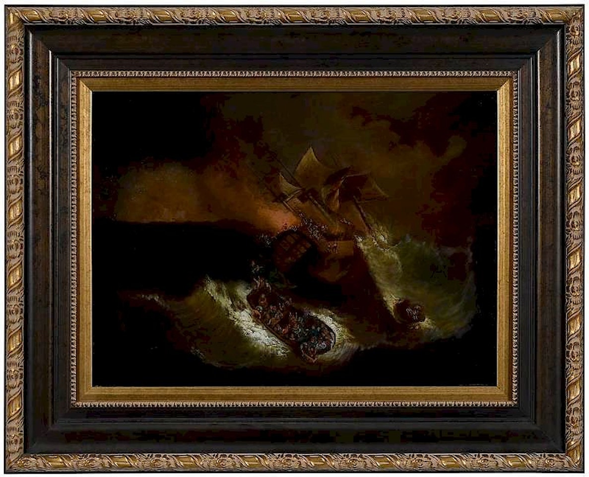 Burning Ship in Rough Seas by German School