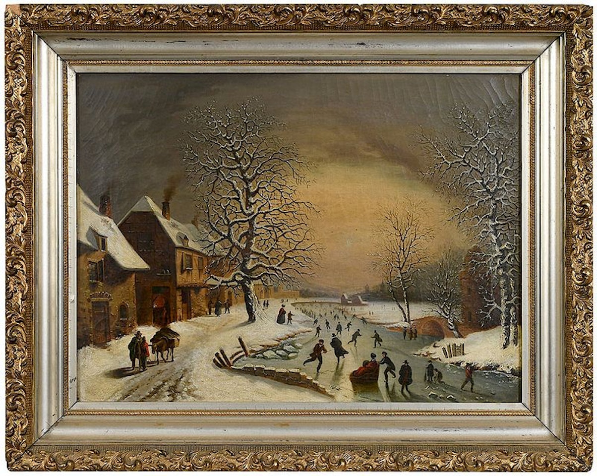 Winter Scene with Forge and Figures Skating on a Canal by Dutch School