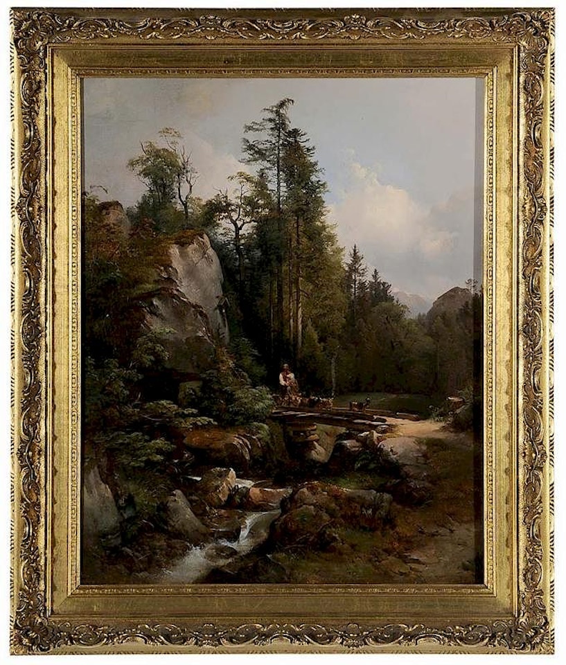 Herdsman with a Child and Goats at a Grotto by German School