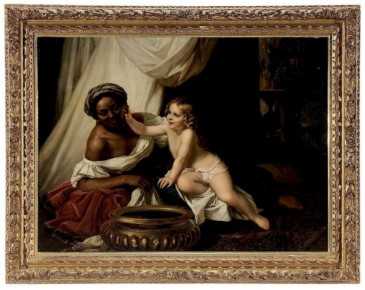 The Bath, a young child play-washing her nanny by Italian School