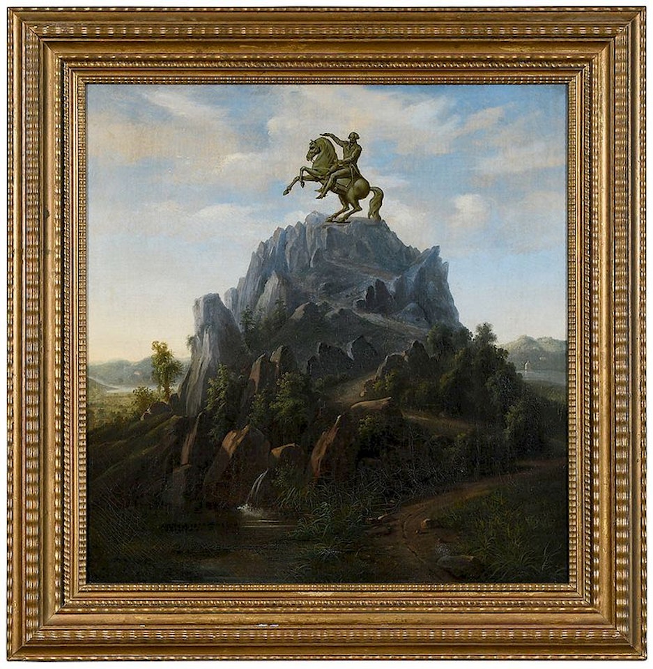The Apotheosis of George Washington, an equestrian statue of George Washington atop an Italianate mountain by Italian School