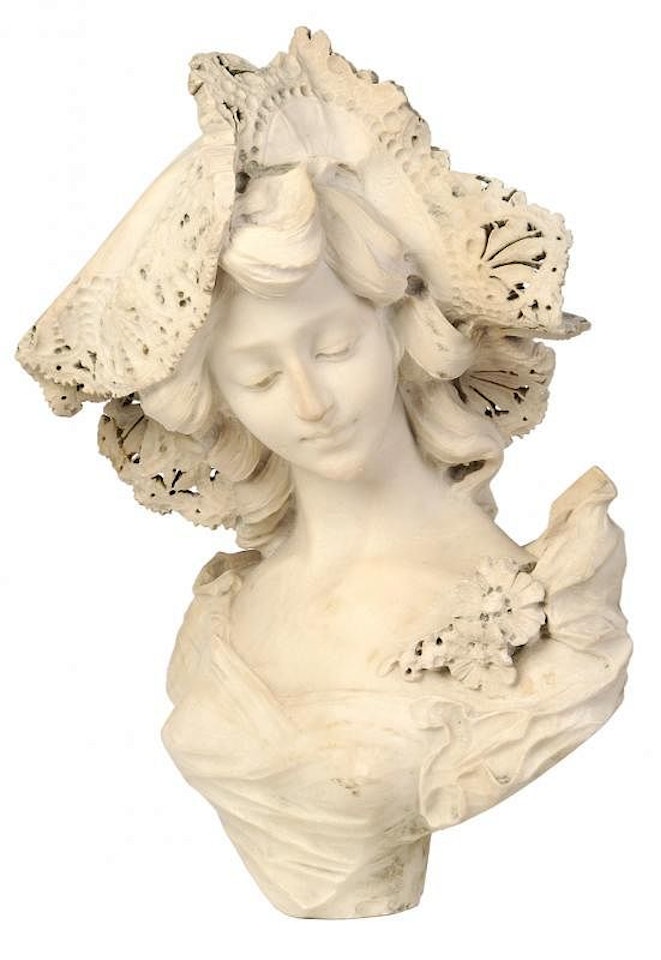 Art Nouveau Bust of a Young Woman, wearing a lace bonnet by European School