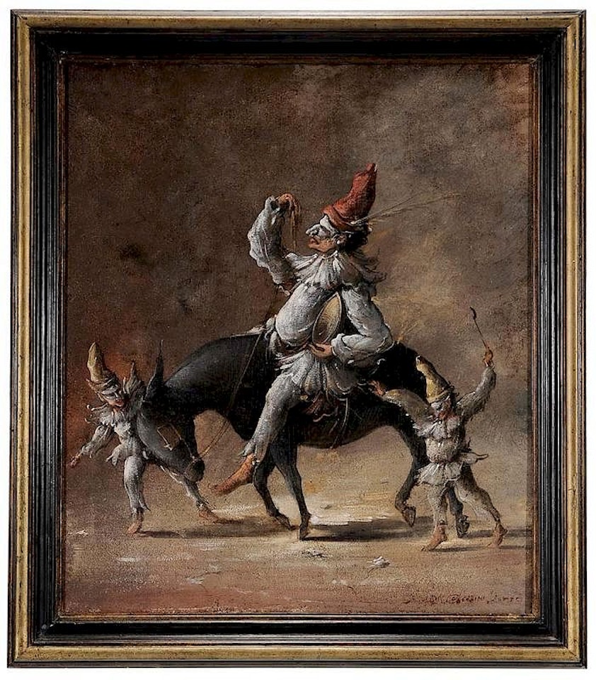The [Zanni] from the [Commedia dell"Arte], with possibly [Pulcinella] atop a Donkey by Italian School