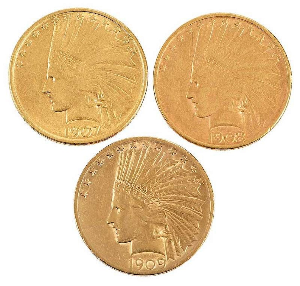 Group of Three, Ten Dollar Gold Coins by Unknown Jewelry Maker