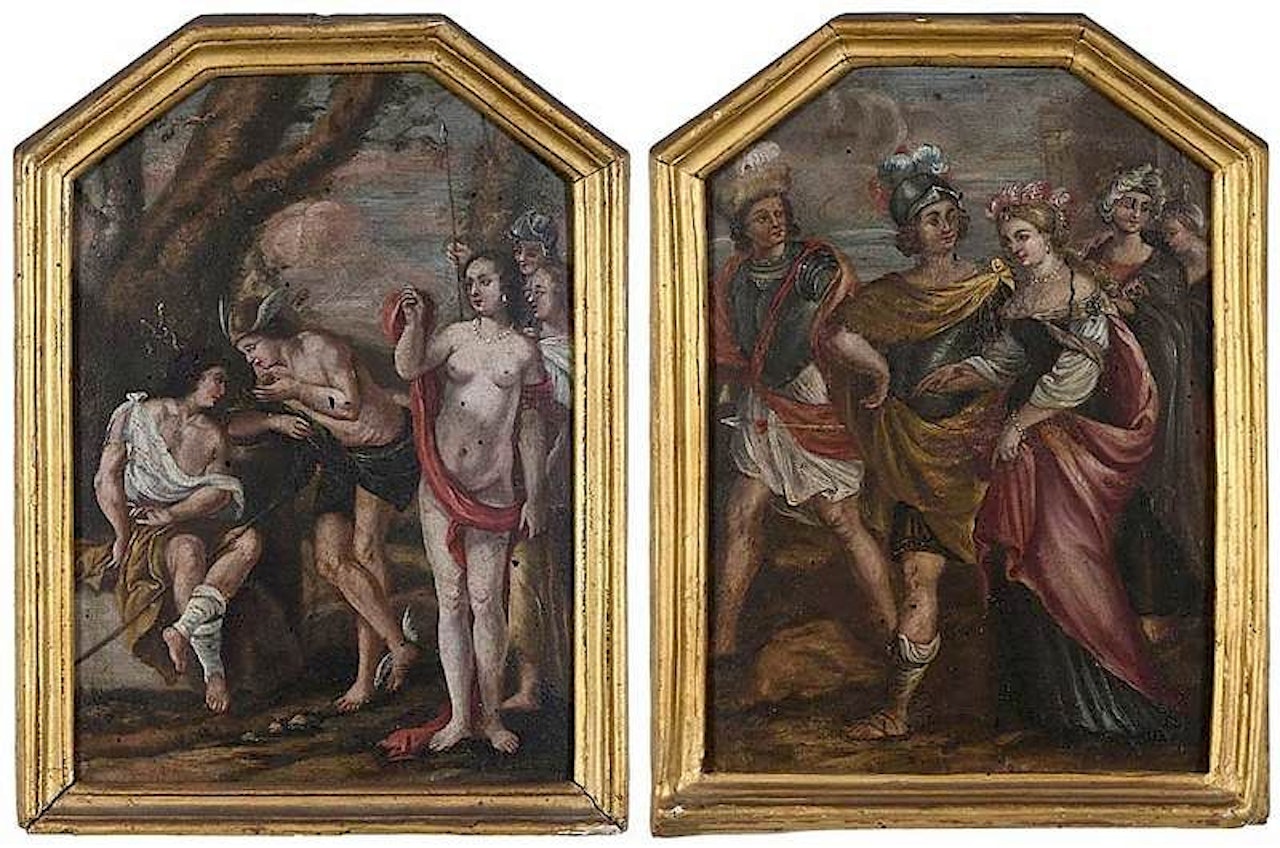 A pair of figural scenes: Hermes Consulting a Youth, An Elegant party by Italian School