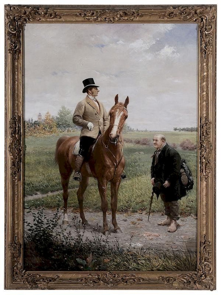 A Gentleman on Horseback Meeting a Beggar on a Track by German School