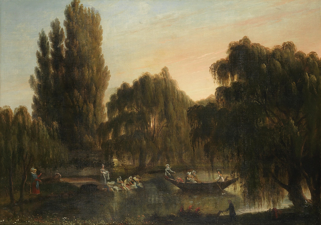 A river landscape, with figures boating and women washing clothes on the shore by German School