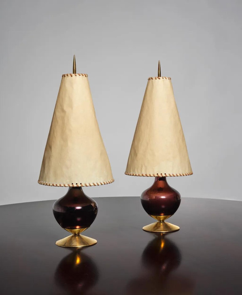 Paire de lampes de table; A pair of brass and glass tables lamp by Max Ingrand