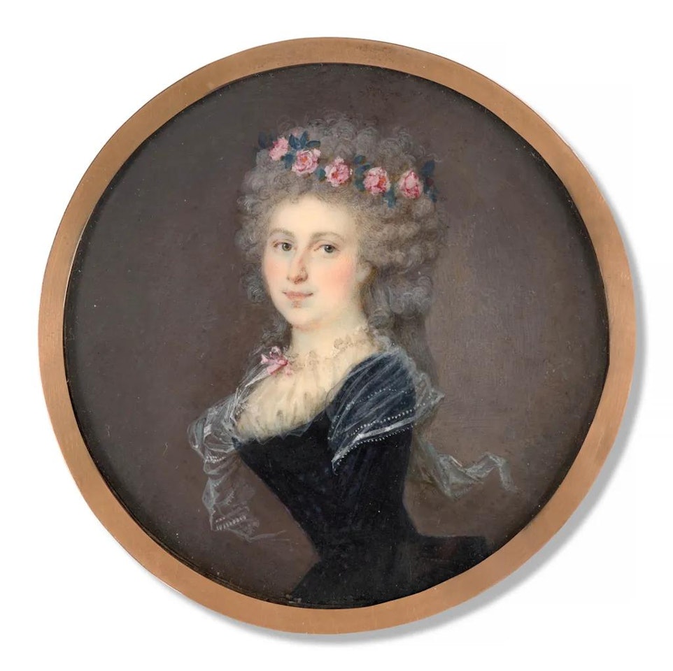 Portrait of a young lady in profile wearing a roses crown by French School