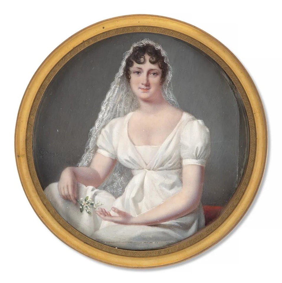 Portrait of a bride holding a branch of myrtle by French School