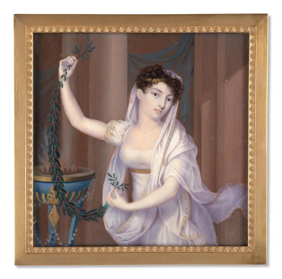Portrait of a young lady as a vestal virgin holding a laurel"s branch by French School