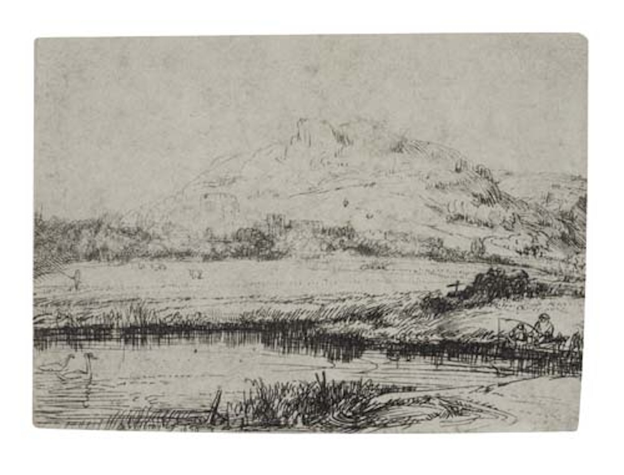 Canal with angler and two swan by Attributed to Rembrandt Harmensz van Rijn