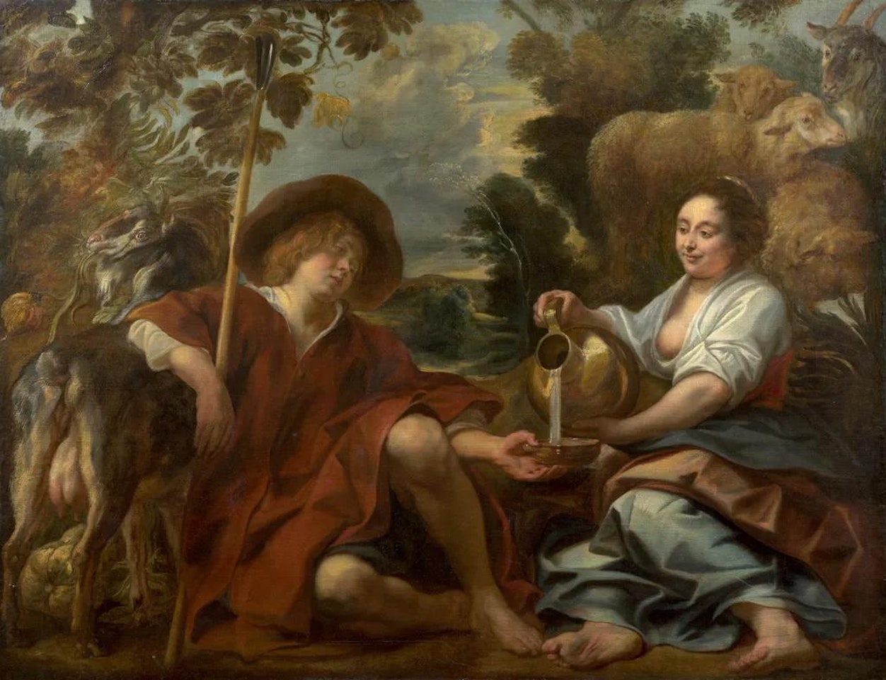 Shepherdess pouring milk to a shepherd by Jacob Jordaens