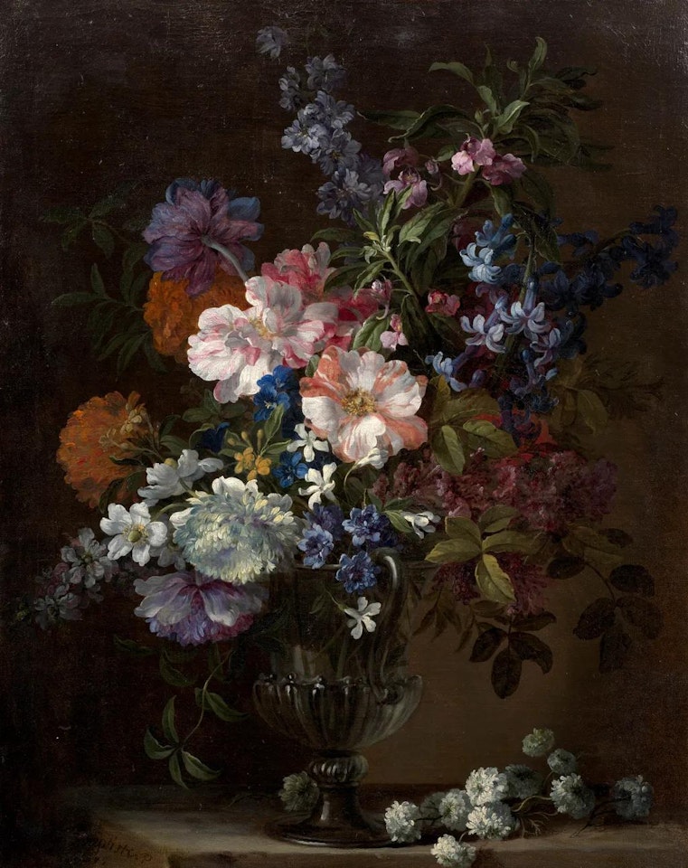 Vase of flowers on a entablature by Jean Baptiste Monnoyer