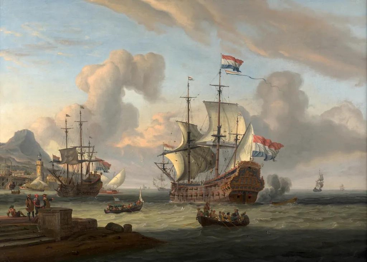 Dutch warships off a Mediterranean shore by Abraham Storck