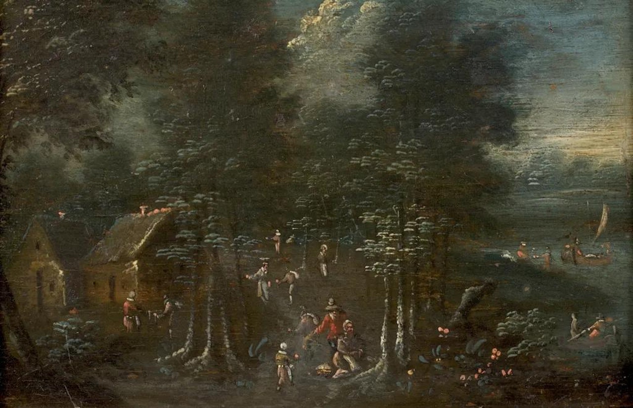 Sous-bois animé de personnages by German School