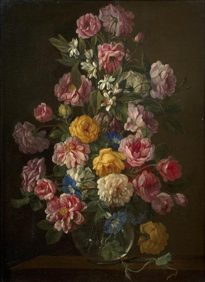 Bouquet de roses et fleurs d"oranger sur un entablement by Italian School
