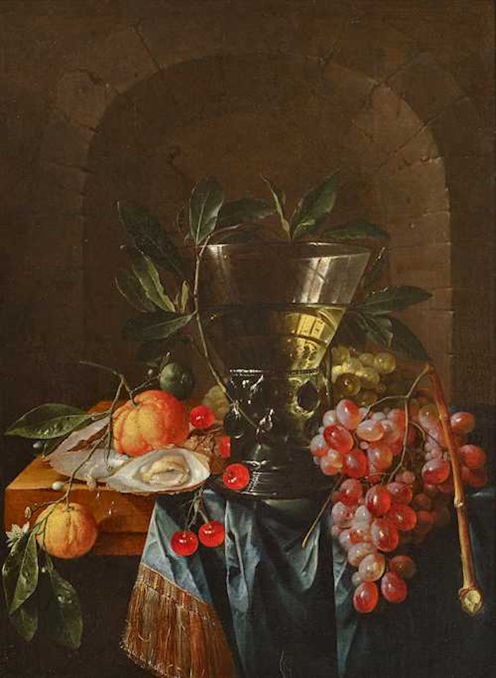 Still life with rummer, grapes, cherries, oranges and oysters on a table top before a niche by Cornelis de Heem