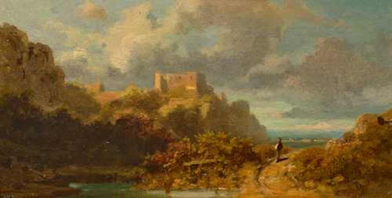 Landscape with castle and traveller by Carl Spitzweg