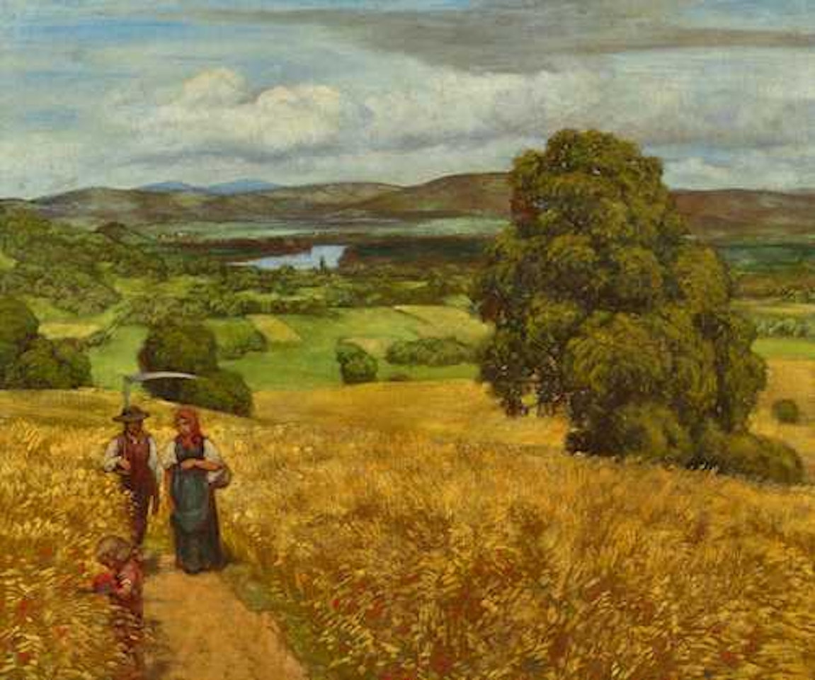 Summer landscape on the High Rhine with farmers in a cornfield by Hans Thoma