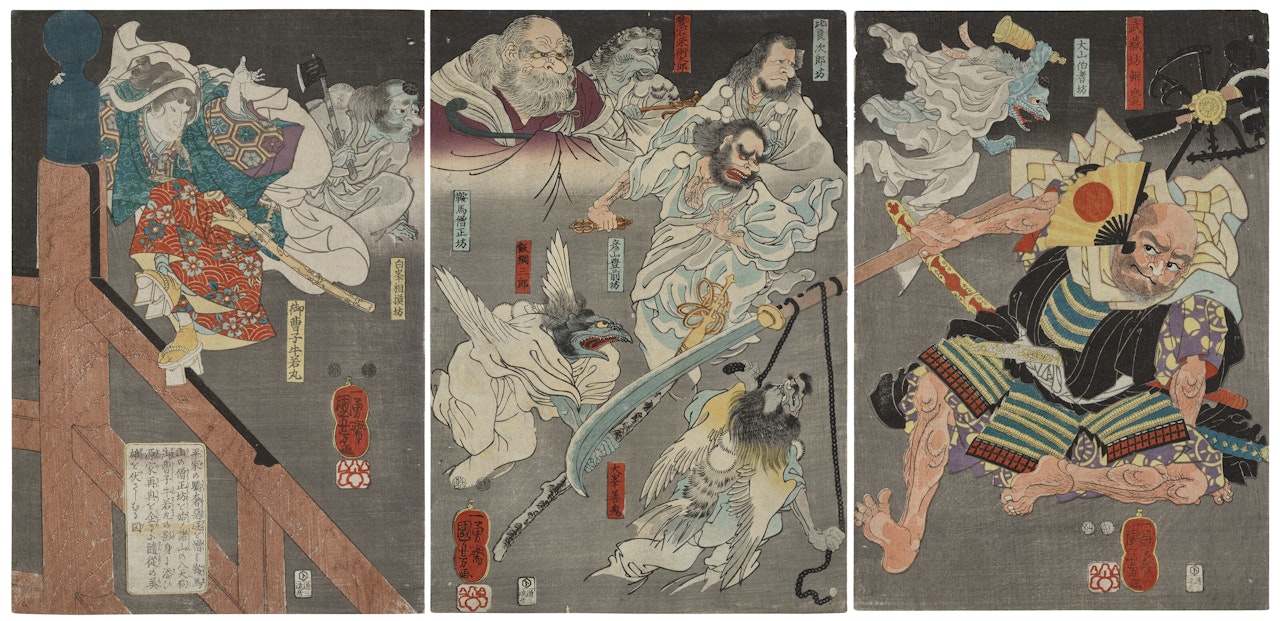 Ushiwakamaru fights Benkei on Gojo Bridge with the help of the Tengu by Utagawa Kuniyoshi