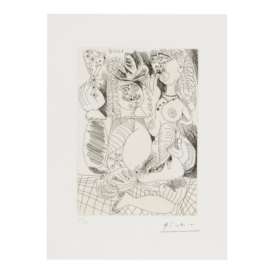 Buveur et prostituée blonde, pl. 70, from La Série 156 (Bloch 1925; Baer 1934 ) by Pablo Picasso