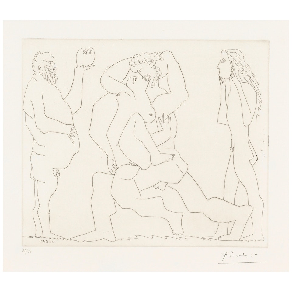 Bacchanale au hibou et au jeune homme masqué (Bloch 176; Baer 952.B.b.1) by Pablo Picasso
